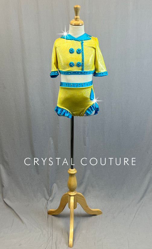 Custom Yellow Shimmer Raincoat Two Piece with Aqua Details and Hip Ruffle - Rhinestones