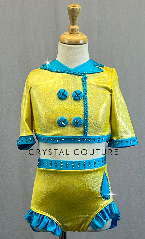 Custom Yellow Shimmer Raincoat Two Piece with Aqua Details and Hip Ruffle - Rhinestones