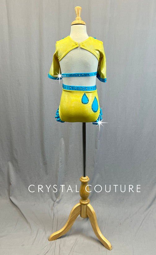 Custom Yellow Shimmer Raincoat Two Piece with Aqua Details and Hip Ruffle - Rhinestones