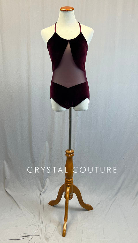 Burgundy Velvet Cross Strap Leotard with Mesh Front Bodice Insert