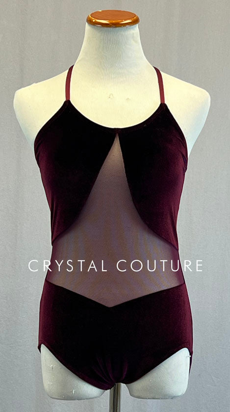 Burgundy Velvet Cross Strap Leotard with Mesh Front Bodice Insert