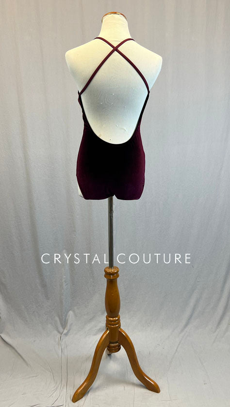 Burgundy Velvet Cross Strap Leotard with Mesh Front Bodice Insert