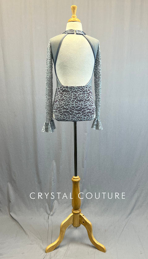 Custom Grey & Plum Lace Leotard with Mesh Inserts and Flared Cuff