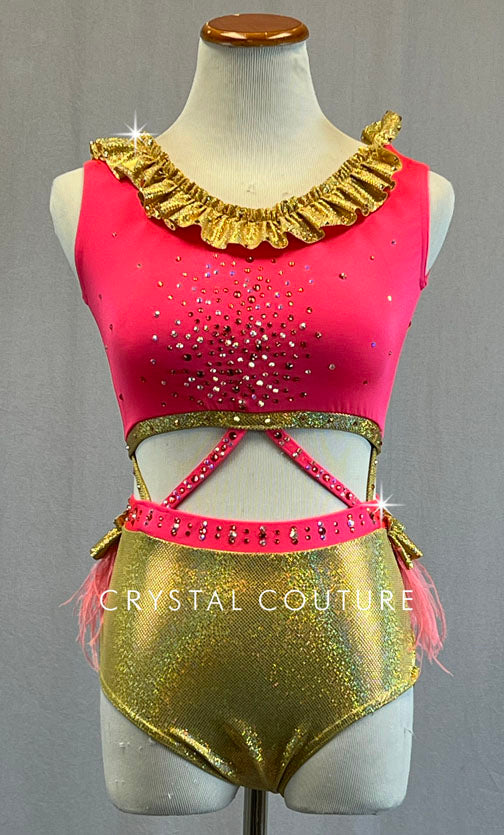 Custom Coral & Holographic Gold Connected Two Piece with Ruffle Trim and Ostrich Feathers - Rhinestones