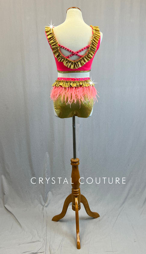 Custom Coral & Holographic Gold Connected Two Piece with Ruffle Trim and Ostrich Feathers - Rhinestones