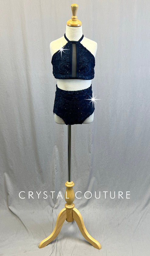 Custom Navy Blue Textured Velvet Strappy Halter Top and Trunks - Rhine –  Crystal Couture