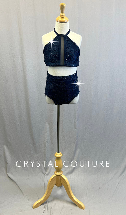 Custom Navy Blue Textured Velvet Strappy Halter Top and Trunks - Rhinestones