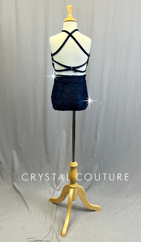 Custom Navy Blue Textured Velvet Strappy Halter Top and Trunks - Rhinestones