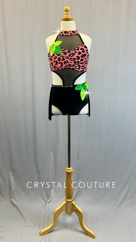 Custom Coral & Black Leopard Print Leotard with Mesh Inserts and Fringe Back Skirt - Rhinestones