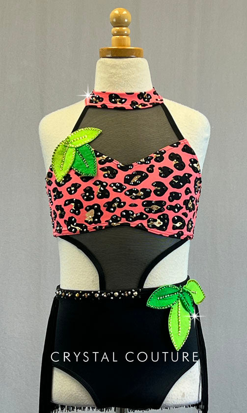 Custom Coral & Black Leopard Print Leotard with Mesh Inserts and Fringe Back Skirt - Rhinestones