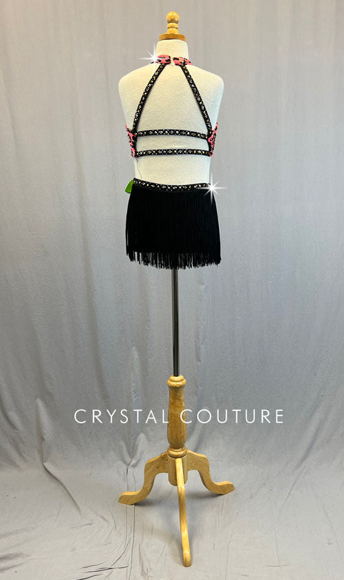 Custom Coral & Black Leopard Print Leotard with Mesh Inserts and Fringe Back Skirt - Rhinestones