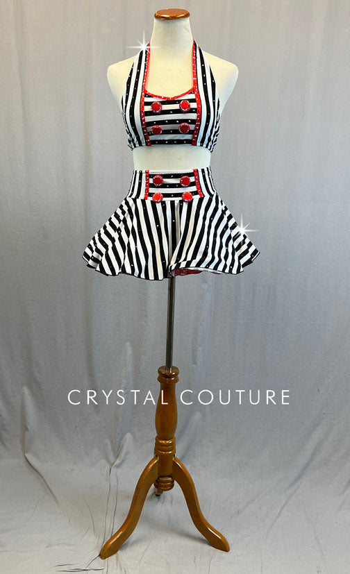 Custom Black & White Striped Halter Top and Circle Skirt with Red Details and Crinoline - Rhinestones