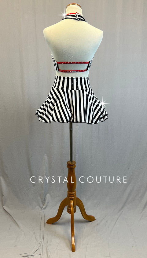 Custom Black & White Striped Halter Top and Circle Skirt with Red Details and Crinoline - Rhinestones