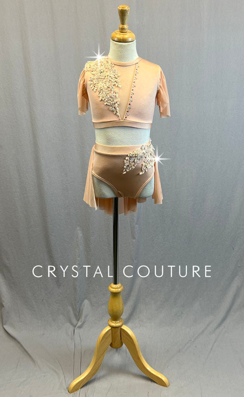 Custom Light Peach Two Piece with Mesh Flutter Sleeve and Back Skirt - Rhinestones