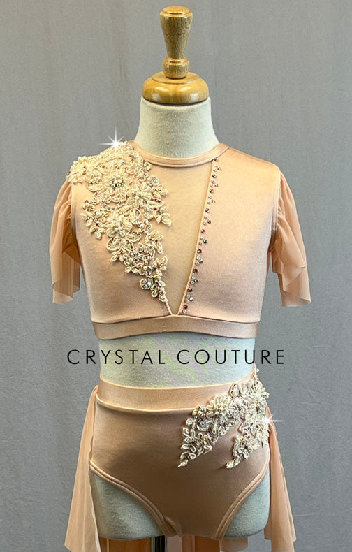 Custom Light Peach Two Piece with Mesh Flutter Sleeve and Back Skirt - Rhinestones