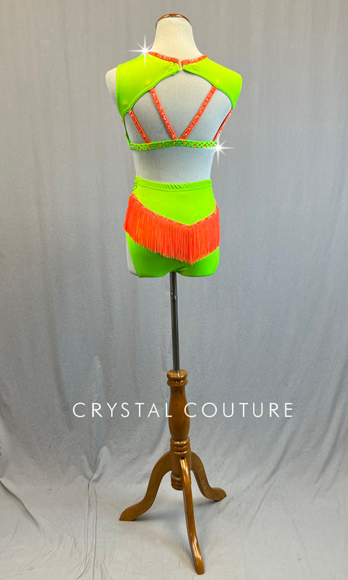 Custom Lime Green Two Piece with Neon Orange Fringe Trim - Rhinestones