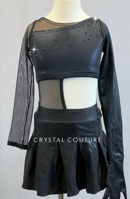 Custom Black Metallic Connected Top and Skirt with Attached Glove - Rhinestones