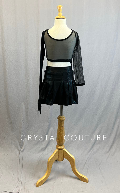 Custom Black Metallic Connected Top and Skirt with Attached Glove - Rhinestones