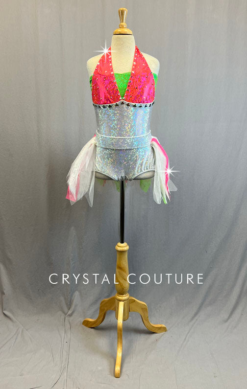Custom Neon and Silver Biketard with Tulle Back Skirt - Rhinestones