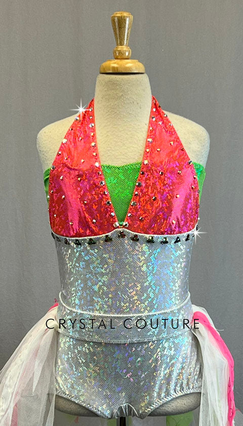 Custom Neon and Silver Biketard with Tulle Back Skirt - Rhinestones