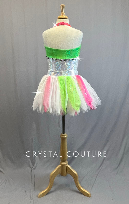 Custom Neon and Silver Biketard with Tulle Back Skirt - Rhinestones