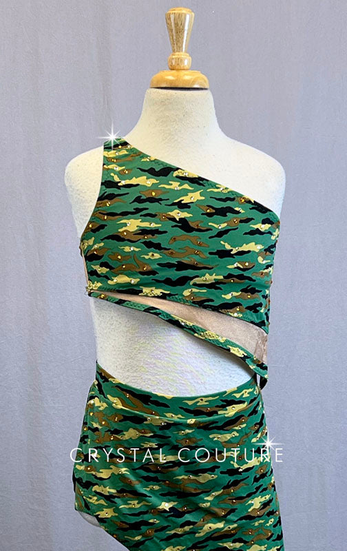 Custom Camo One Shoulder Top and Diagonal Hem Skirt - Rhinestones