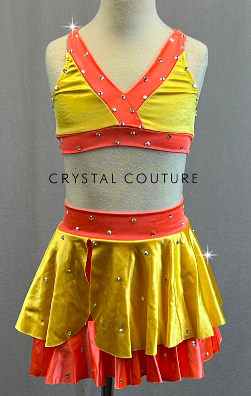 Custom Yellow & Neon Orange Top with Layered Circle Skirt - Rhinestones