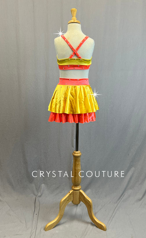 Custom Yellow & Neon Orange Top with Layered Circle Skirt - Rhinestones