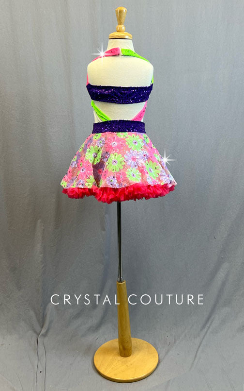 Custom Neon Multicolor Wrap Top and Floral Sequin Skirt with Hot Pink Crinoline - Rhinestones