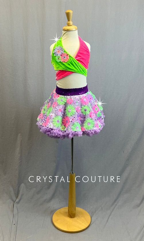 Custom Neon Multicolor Wrap Top and Floral Sequin Skirt with Lavender Crinoline - Rhinestones