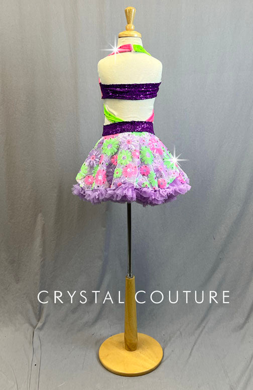 Custom Neon Multicolor Wrap Top and Floral Sequin Skirt with Lavender Crinoline - Rhinestones