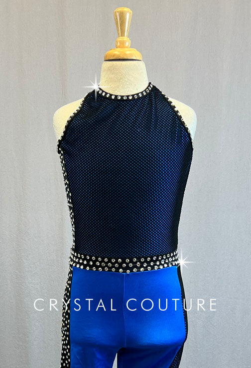 Royal Blue Unitard with Fishnet Details - Rhinestones