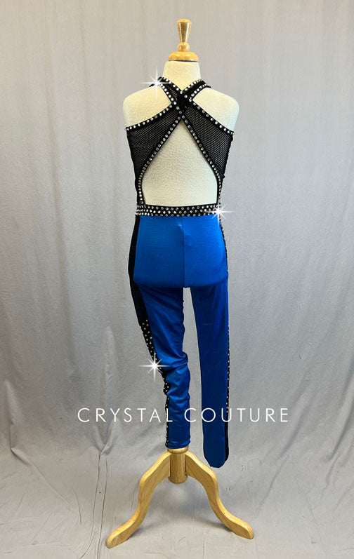 Royal Blue Unitard with Fishnet Details - Rhinestones