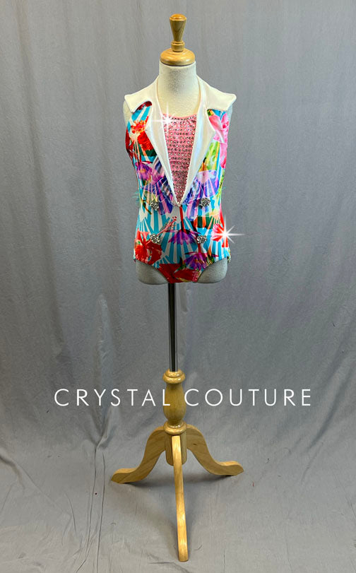 Bright Floral Print Leotard with White Collar and Aqua Feathers - Rhinestones