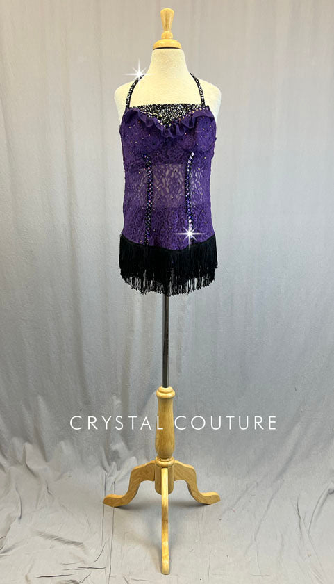 Purple Lace Mini Dress with Black Fringe - Rhinestones Purple Lace Mini Dress with Black Fringe - Rhinestones