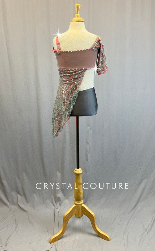 Peach & Grey Asymmetrical Lace Two Piece - Rhinestones