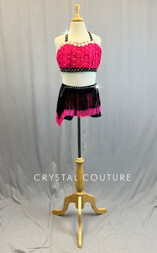 Custom Hot Pink Pleated Top and Fringe Mini Skirt - Rhinestones