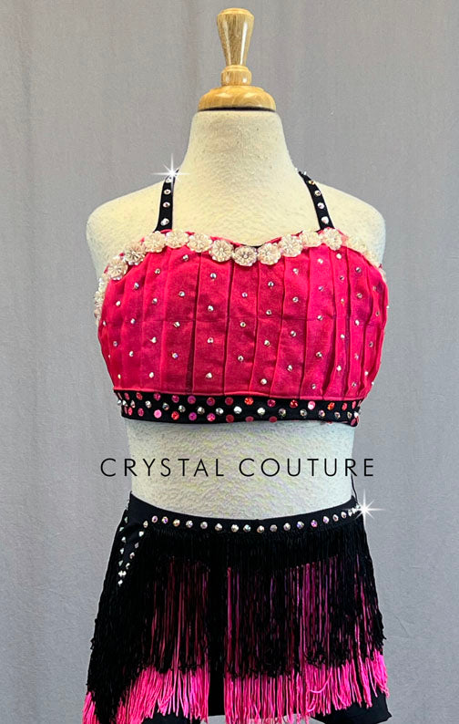 Custom Hot Pink Pleated Top and Fringe Mini Skirt - Rhinestones