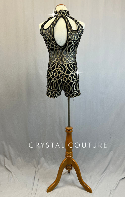 Black Mock Neck Biketard with Gold Swirl Pattern - Rhinestones