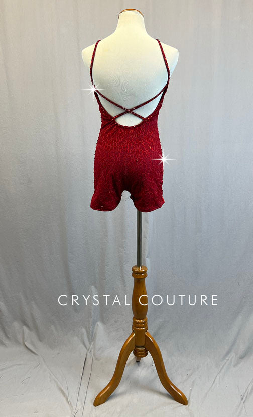 Red Lace and Mesh Biketard - Rhinestones