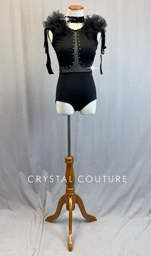 Black Leotard with Tulle Shoulders and Mesh Inserts - Rhinestones