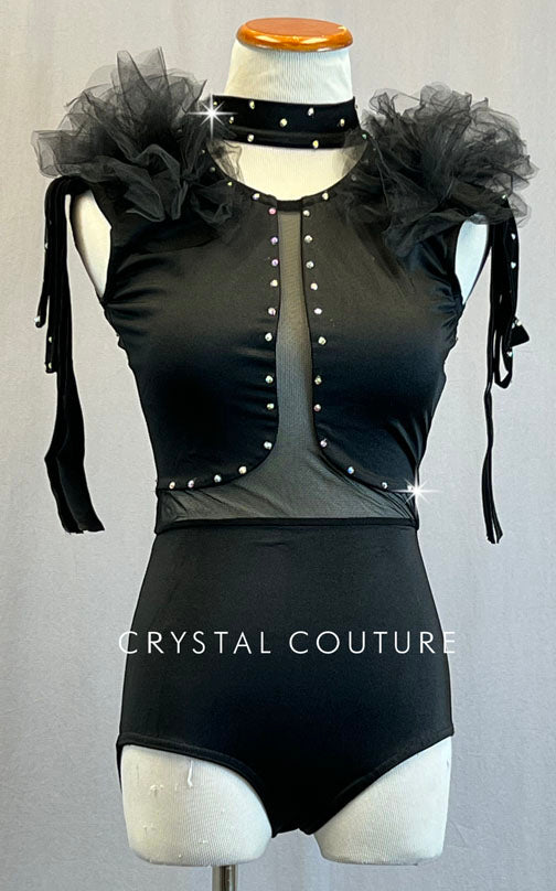 Black Leotard with Tulle Shoulders and Mesh Inserts - Rhinestones