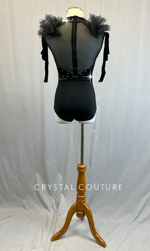 Black Leotard with Tulle Shoulders and Mesh Inserts - Rhinestones