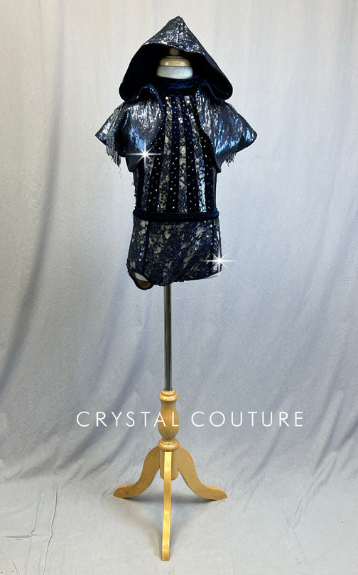 Navy Lace and Velvet Leotard with Hooded Crop - Rhinestones