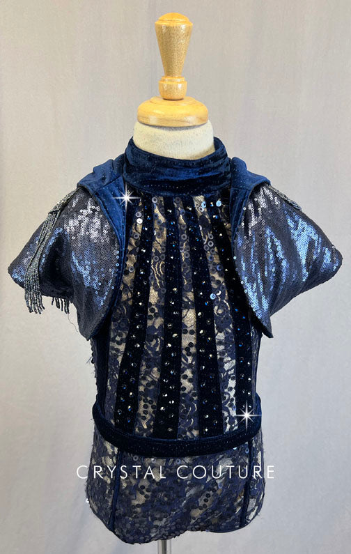 Navy Lace and Velvet Leotard with Hooded Crop - Rhinestones