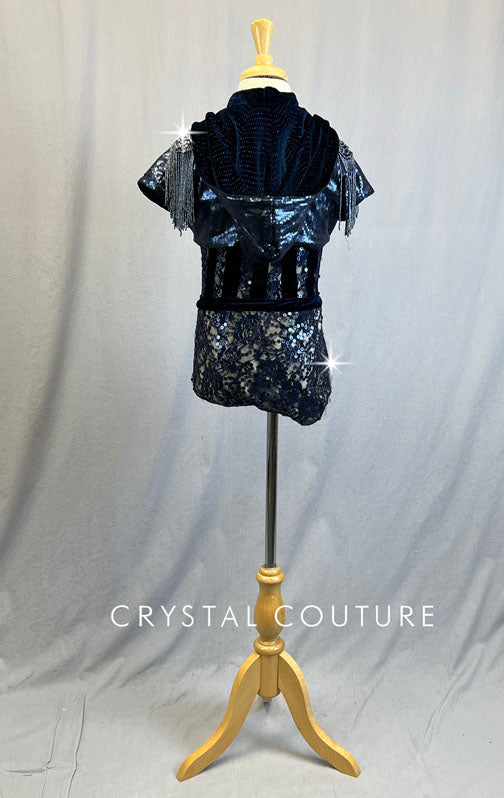 Navy Lace and Velvet Leotard with Hooded Crop - Rhinestones