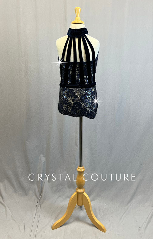 Navy Lace and Velvet Leotard with Hooded Crop - Rhinestones