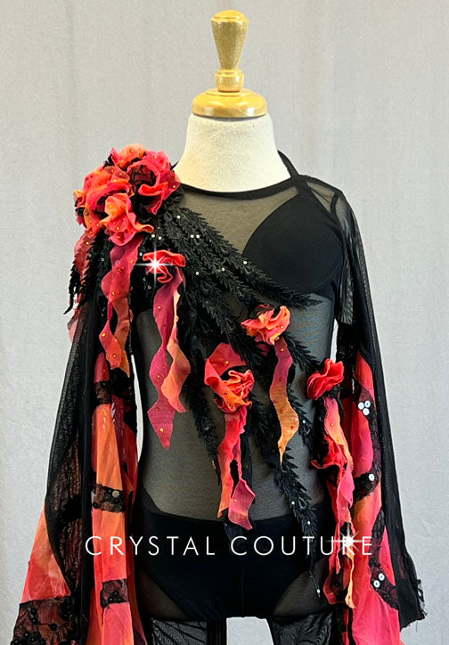 Custom Black Mesh Unitard with Warm Tone Butterfly Wings - Rhinestones