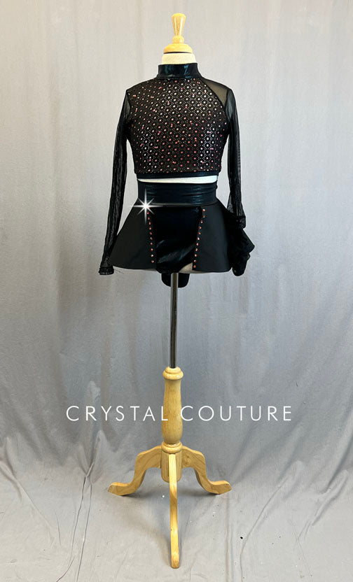 Black Laser Cut Top with Peach Lining and Black Half Skirt - Rhinestones