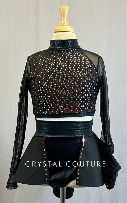 Black Laser Cut Top with Peach Lining and Black Half Skirt - Rhinestones